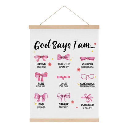 Pink Bow Bathroom Decor Wall Hanging Banner, God Says I Am Bows Wall Decor, Coquette Poster Hanger for Nursery Girls Room Bathroom Bedroom, Christian Bible Verses Poster Hanger Frame