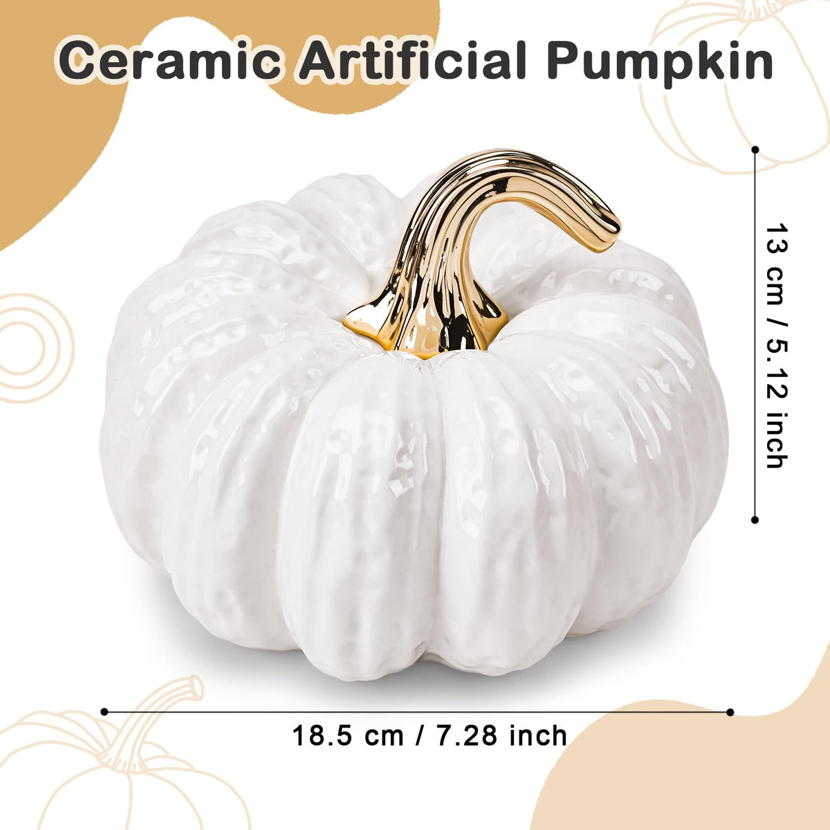 Quancru 7.9 Inch Fake Pumpkin Decorations Ceramic Figurines White Realistic Artificial Pumpkins Model for Outdoor Halloween Fall Harvest Thanksgiving Kitchen Tabletop Centerpiece Crafts - 1 PCS