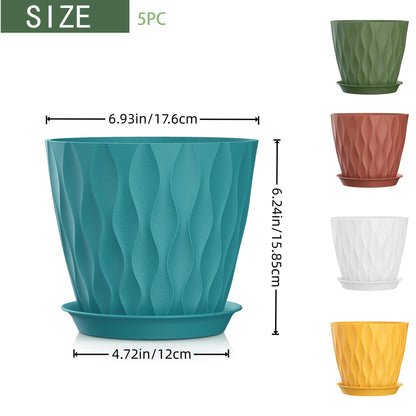 SQKH 7 Inch Plant Pots 5 Pack, Flower Planters with Drainage Holes and Trays,Plastic Pots for Indoor Outdoor Plants,Multicolor