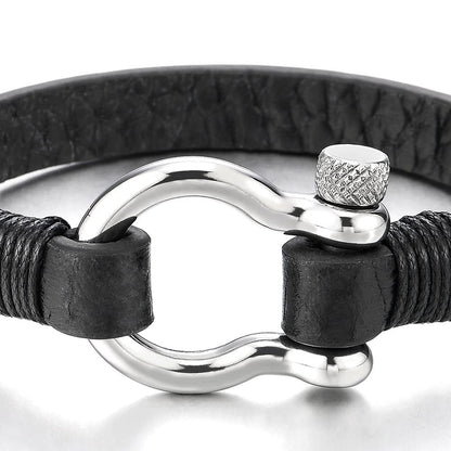 COOLSTEELANDBEYOND Nautical Anchor Black Leather Bracelet for Men and Women, Stainless Steel Screw Shackle, Leather Wrap Wristband, Sailing, Maritime, Ocean-Inspired Jewelry