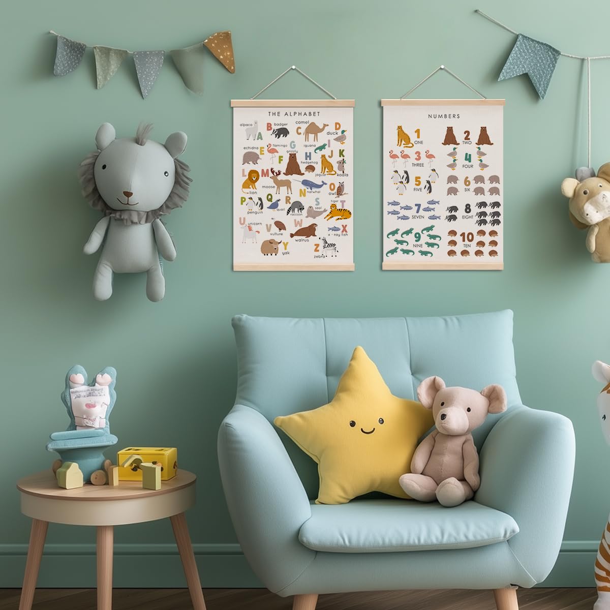 Cute Animal Number Chart Alphabet Poster Hanger, ABC Chart Wall Decor, Toddler Learning Posters, Educational Posters Homeschool Supplies, Wall Art Wall Hanging Banner Home Baby Room Nursery Decor