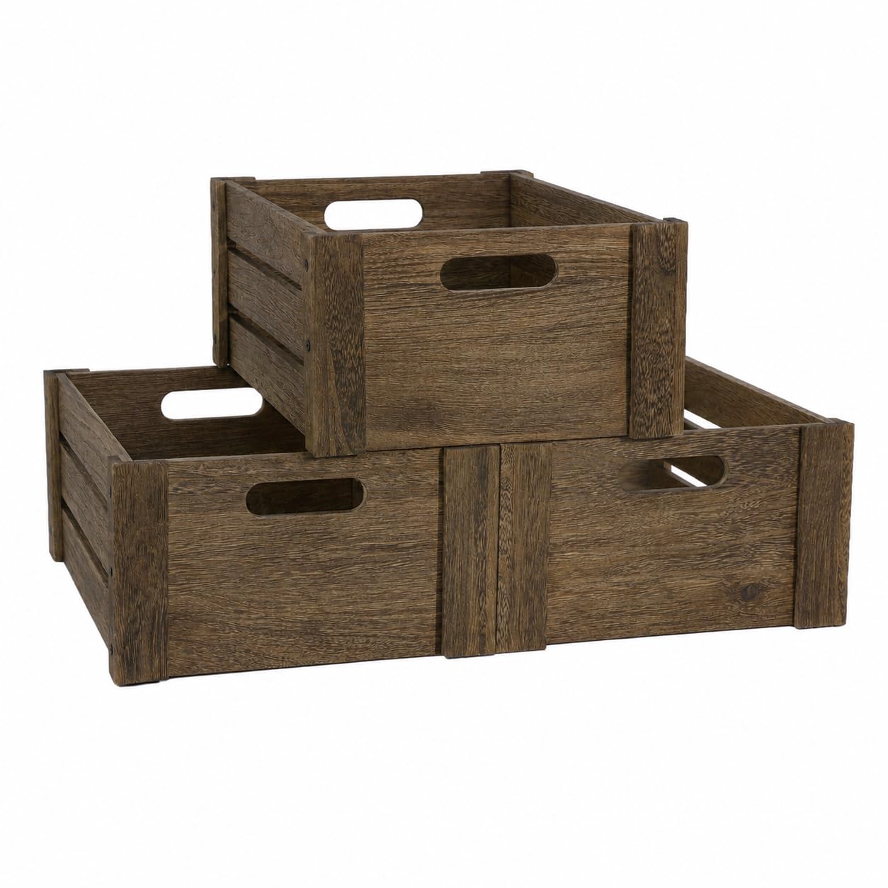 BOY MCOWBOY Wooden Crates for Display, 3 Pack Large Rustic Handmade Wood Crate for Storage, Wooden Basket with Handles, Nesting Crates Boxes for Container and Decor Living Room Outdoor Christmas