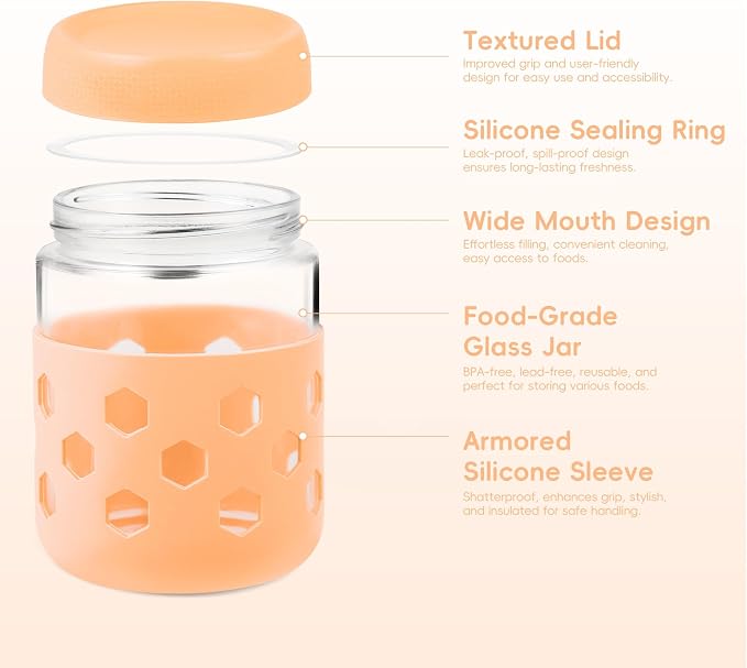 MICEBAY 16oz Overnight Oats Containers with Silicone Sleeves, 4-Pack Wide Mouth Glass Mason Salad Jars with Airtight Lids, BPA-Free Dishwasher Safe Leak-Proof Chia Seed Pudding Jar Meal Prep Container
