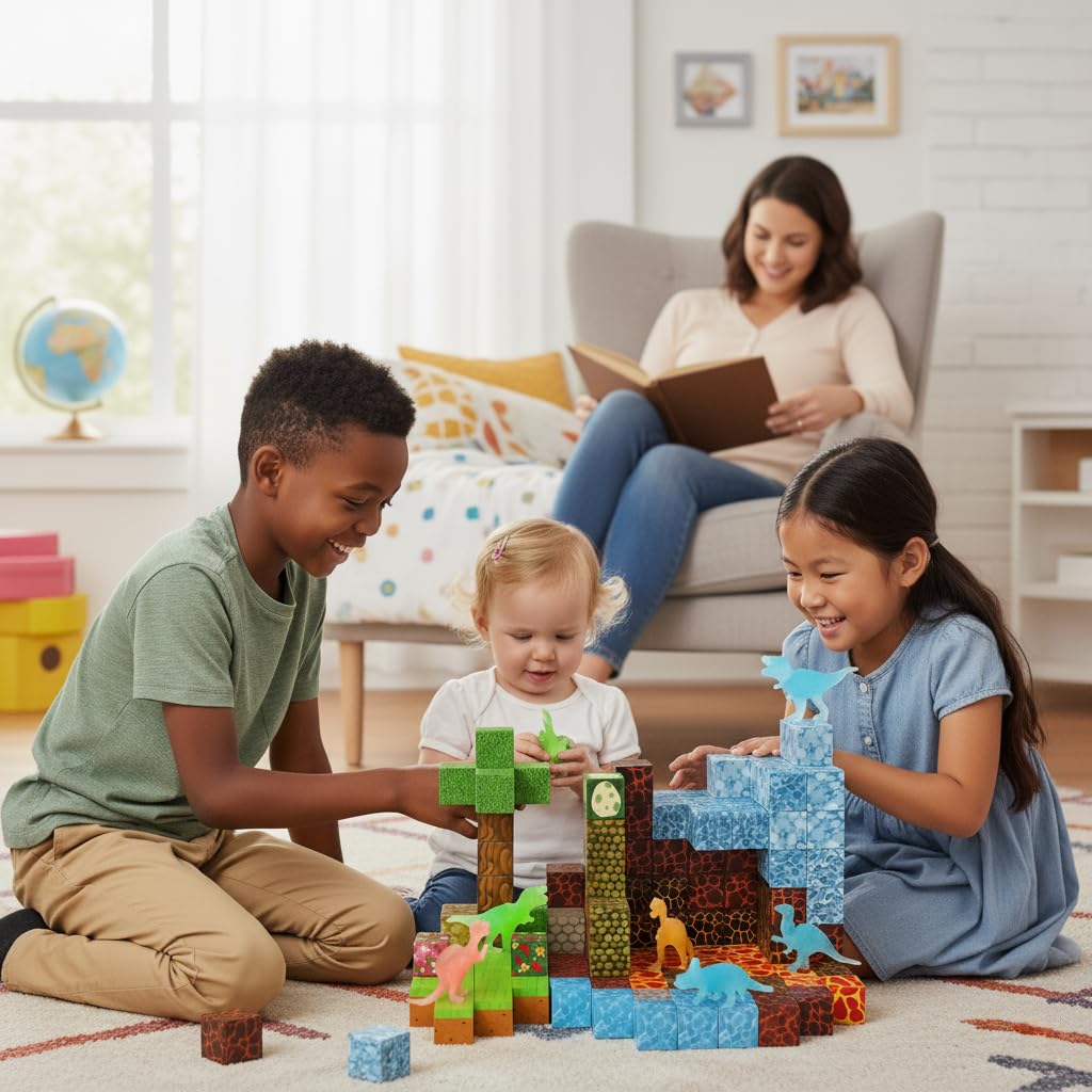 uMadeUs Magnetic Blocks for Kids Ages 4-8 – 100 Pc Dinosaur Toys with Glow-in-the-Dark Dinosaurs – 3D Pixel Cubes, STEM Building Toys for Boys & Girls Ages 3-12