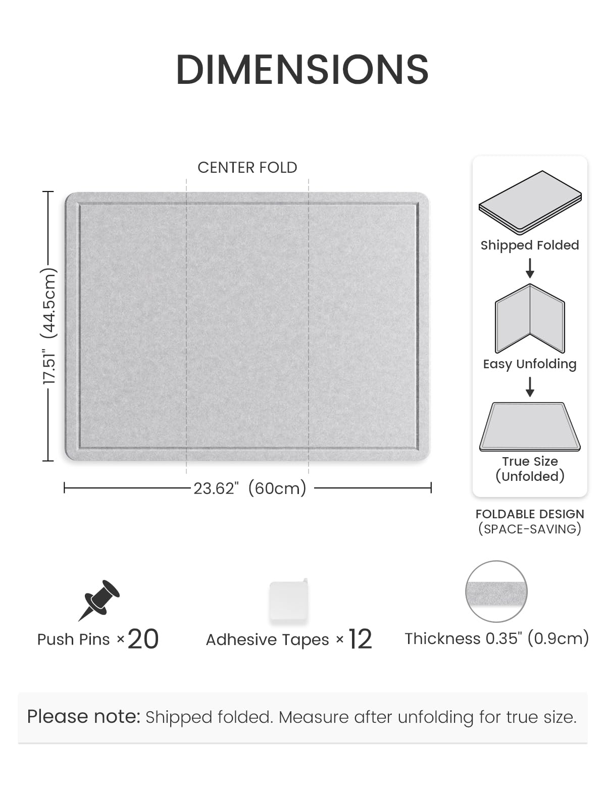 Fluxynara Bulletin Board, 23.6" x 17.5" Cork Board Alternative with 12 Safe Removable Adhesive Tabs, Foldable Felt Pin Board for Home Office, Classroom, Bedroom,Entryway for Walls—Soft Gray