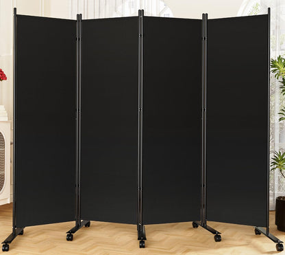 SUNALLY Room Divider 6FT Folding Privacy Screens with Lockable Wheels, 4 Panel Room Partition for Room Separator, 88" W Freestanding Portable Fabric Wall Dividers for Home Dorm Studio Office, Black