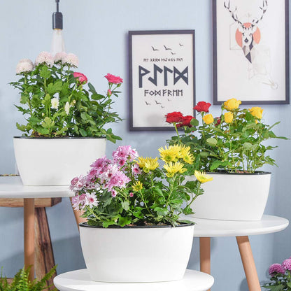 Sungmor Set of 3 Self-Watering Planter Pots - Modern White Plastic Flower Pots for Indoor Plants - Oval Indoor/Outdoor Planters with Water Reservoir, Home & Office Decor