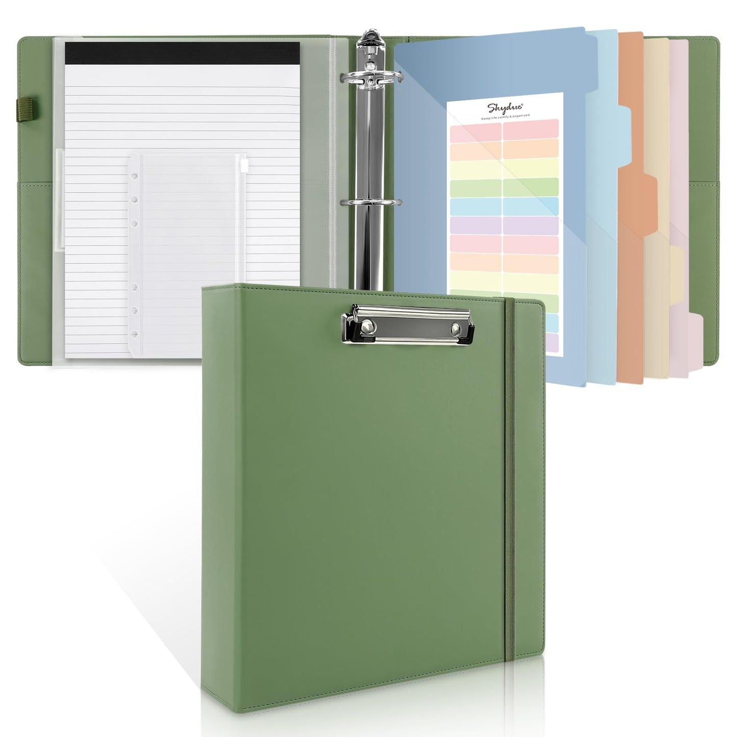 SKYDUE 3 Ring Binder with Clipboard, 2 Inch Binder, PU Clipboard Binder with Notepad & 5 Dividers with 5 Pockets, Labels, Clipboard Folder Great for School Office(Fit Letter Sized Paper)