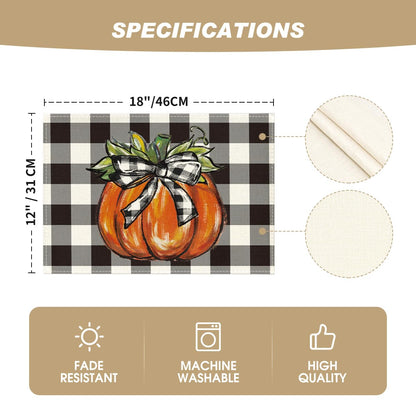 Artoid Mode Buffalo Plaid Pumpkin Bow Fall Placemats Set of 6, 12x18 Inch Seasonal Table Mats for Table Runner Party Kitchen Dining Decoration