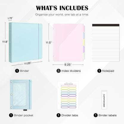 Ospelelf Leather 3 Ring Binder for Letter Size Documents with Pocketed Storage Dividers, Pencil Pouch & Notepad, 1 Inch Round Rings, Holds 175 Sheets, for Office School Home Organization, Light Blue