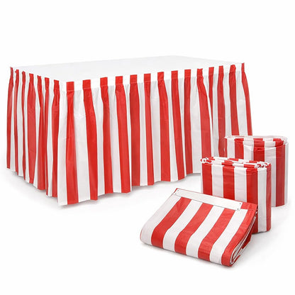 Oojami Pack of 4 Classic Red & White Striped Table Skirts - Perfect for Carnival, Circus Themed Parties, and More - Easy to Apply, 14ft Length Each