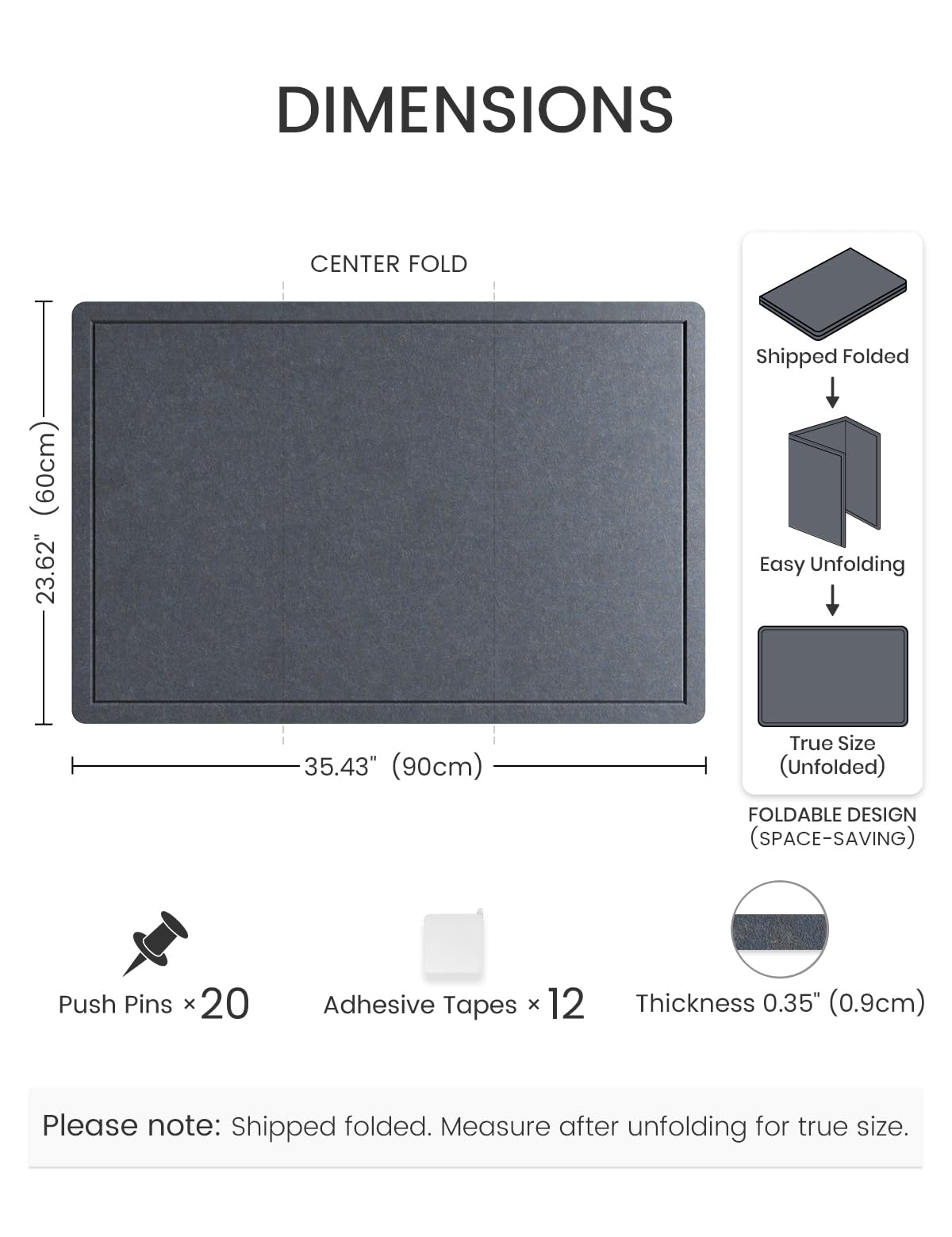 Fluxynara Bulletin Board,35.4" x 23.6" Cork Board Alternative with 12 Safe Removable Adhesive Tabs, Foldable Felt Pin Board for Home Office, Classroom, Bedroom,Entryway for Walls—Navy Blue