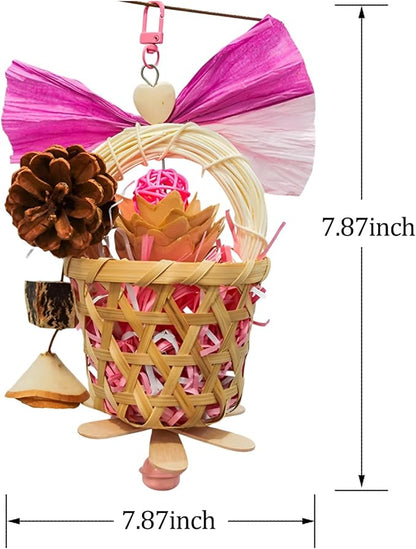 Bird Toys Foraging Shredder Hanging Toys Rope Perch with Bell Parakeet Toy Parrot Swing Climbing Standing Toys Bird Cage Accessories for Conure Cockatiel Budgies Lovebird, Pink