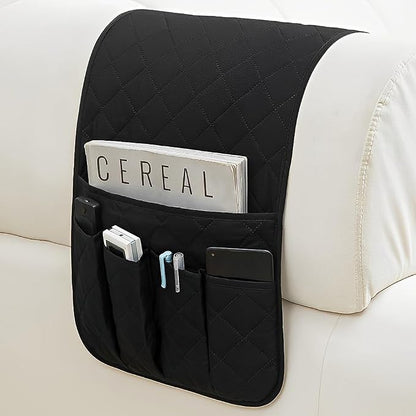 RETON Sofa Armrest Organizer with 5 Pockets, Non Slip Remote Control Caddy with 8 Pieces of Hook and Loop Fasteners, Armchair Caddy Holder Storage for Magazine Recliner Book TV Phone (Black)