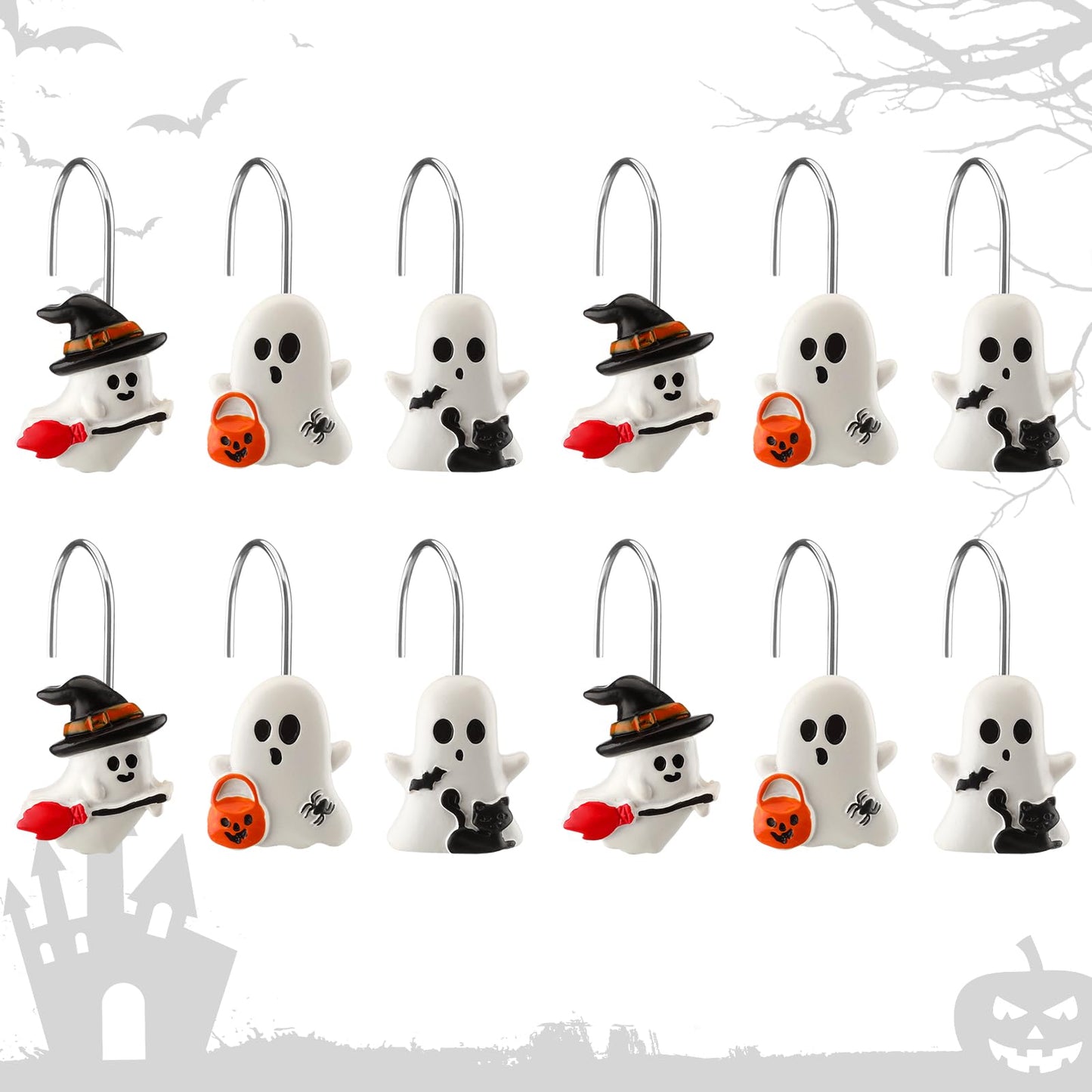 Colingmill 12 Pcs Halloween Ghost Shower Curtain Hooks Xmas Shower Curtain Hooks Halloween Bathroom Decor Rings for Bathroom Bedroom