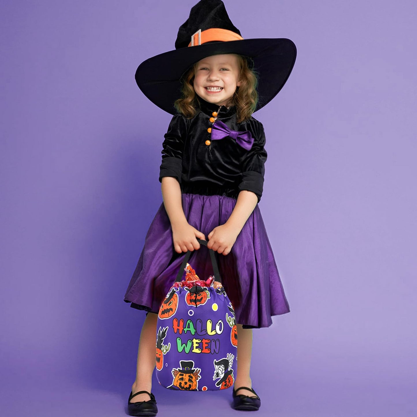 Lainlight Halloween Candy Bags Draw String Trick or Treat Bag with Pumpkin Face for Kids Halloween Party Favors Purple