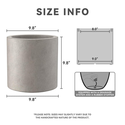 Kante 9.8" Dia Round Concrete Planter, Modern Style Large Cylindrical Plant Pot with Drainage Hole and Rubber Plug for Indoor Outdoor Patio, Weathered Concrete