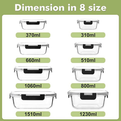 Liuruiyu 8 Pack Glass Food Storage Containers with Lids, Meal Prep Containers, Airtight Bento Boxes with Leak Proof Locking for Microwave, Oven, Freezer and Dishwasher, BPA Free