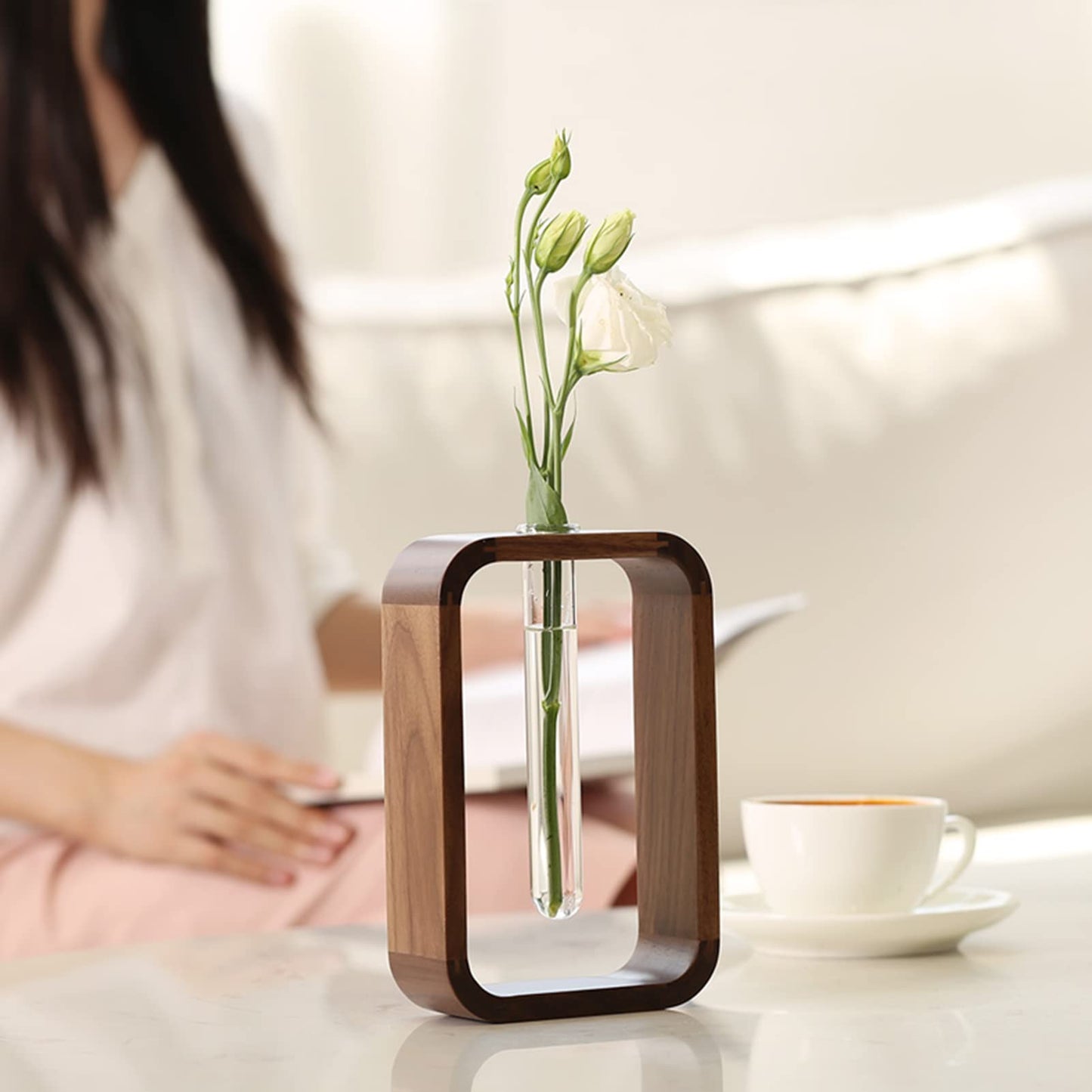 TREELF Transprent Glass Vase Test Tube Vase Hydrophilic Plants Vase Plant Holder Walnut Wooden Frame Flower Stand Table Garden Bonsai Decor,Gifts for Women, Home Office Decor Planter (Small)