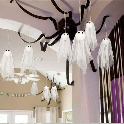 Decor365 Small Hanging Ghosts with White Creep Cloth and Black Eyes Summerween Party Decorations Classroom Living Room Outdoor Halloween Decorations Spooky Scary Ghost To Hang from Trees (Pack Of 12)