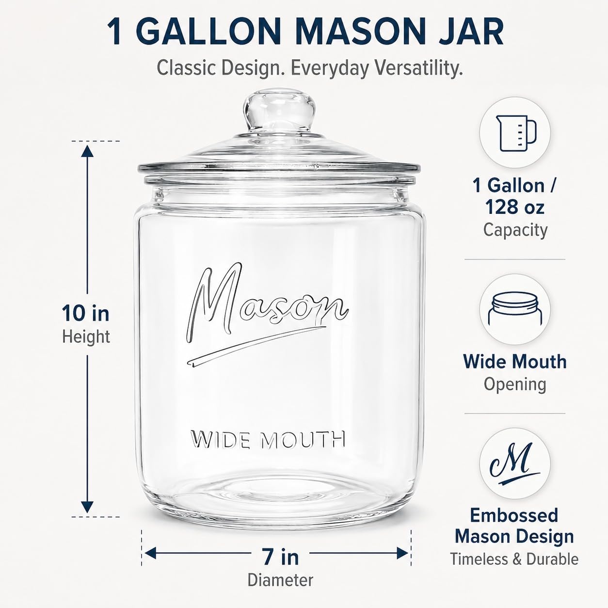 1 Gallon Mason Glass Cookie Jar with Lid – Wide Mouth Glass Storage Jar with Embossed Mason Logo, Airtight Pantry Container with Measurement Markings for Cookies, Candy, Flour & Dog Treats – Pack of 2