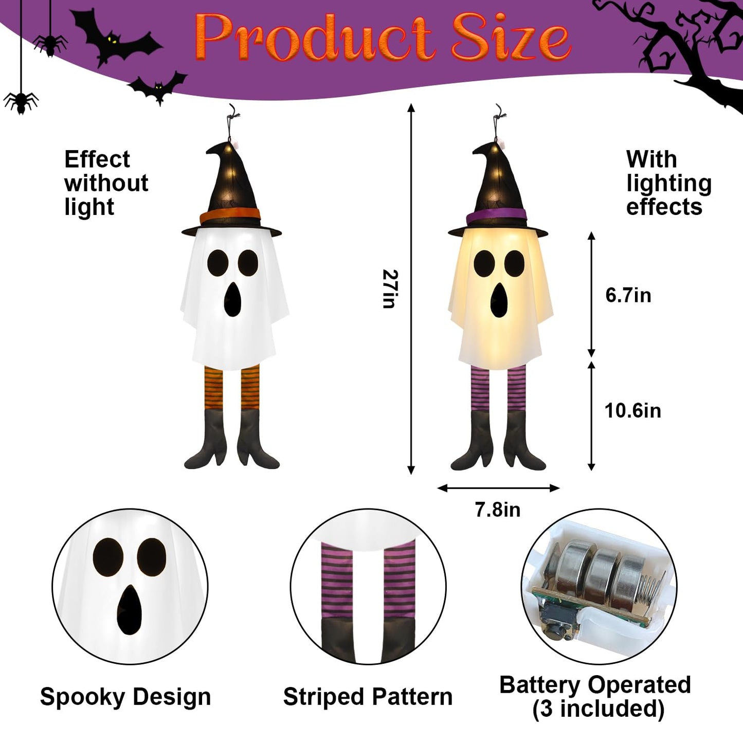 Halloween Ghost Decorations Outdoor Indoor, Hanging Ghost with Witch Hats & Strip Legs, Spooky Flying Ghost with LED String Lights, 3 Lighting Effects – Yard Porch Tree Floating Halloween Decor 2 PCS