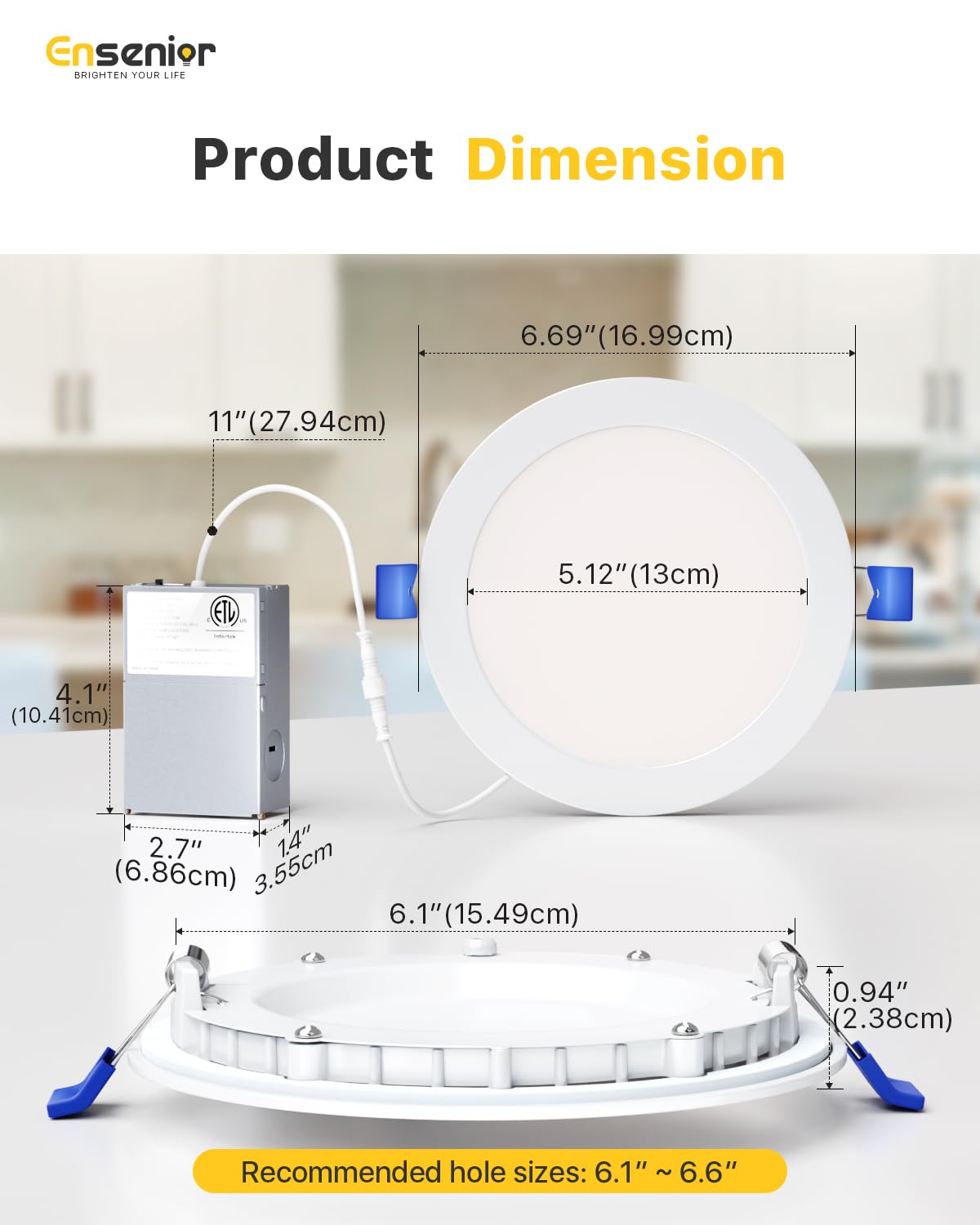 Ensenior 6 Inch LED Recessed Light, Dimmable 2700K-5000K, 1200LM, Ultra-Thin Canless Wafer, Damp Rated,