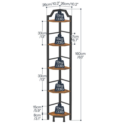 HOOBRO Narrow Corner Shelf Stand, 5-Tier Corner Shelf, 63” Tall Multipurpose Corner Bookshelf, Standing Display Shelf Plant Stand, for Living Room, Study, Kitchen, Rustic Brown and Black BF100CJ01