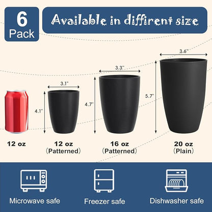 Wheat Straw Drinking Glasses Set of 6, Unbreakable 16 OZ Water Cup with Unique Pattern, Alternative to Plastic Reusable Cups for Kitchen & Outdoor, Dishwasher Safe Cup Set, Black