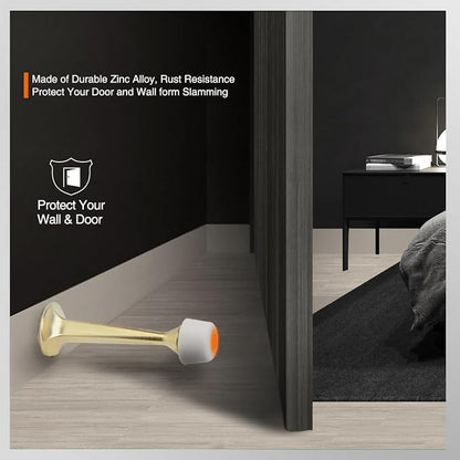 10 Pack Gold Solid Rigid Door Stops - Heavy Duty Door Stoppers Wall Protector with Soft Rubber Tips, Brushed Brass