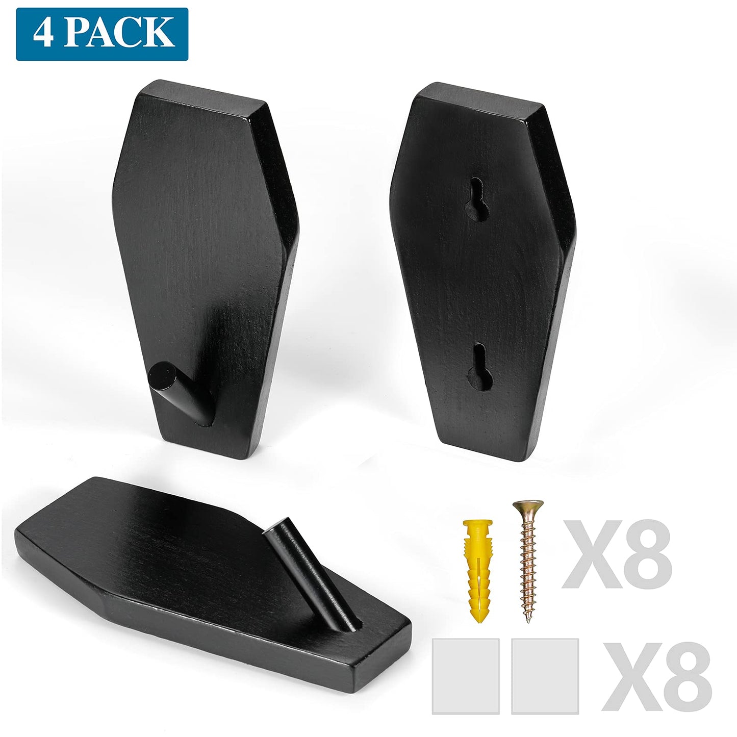 Gothvanity Gothic Coffin Wall Hooks (Set of 4) - Black Spooky Decor Key Holders, Wooden Hanger for Mugs Purse Towel Clothes, Gothic Home Decor for Kitchen Bathroom Bedroom