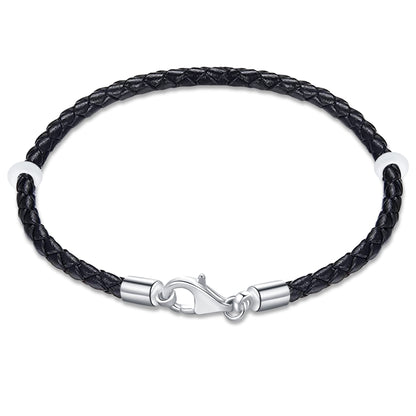 19cm Black Braided Leather Rope Bracelet with 925 Silver Lobster Claw Clasp, Handmade Woven Leather Bracelet fit Pandora Charms Beads, for Valentines Day Making Beads Bracelet Bangle