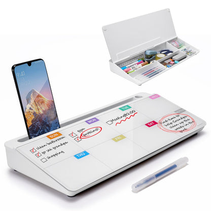 TSJ OFFICE Whiteboard Weekly Dry-Erase-Board - Desktop White Board Calendar Desk Organizers with Accessories Computer Keyboard Stand with Drawer, for Office, Home, School Supplies - White Calendar