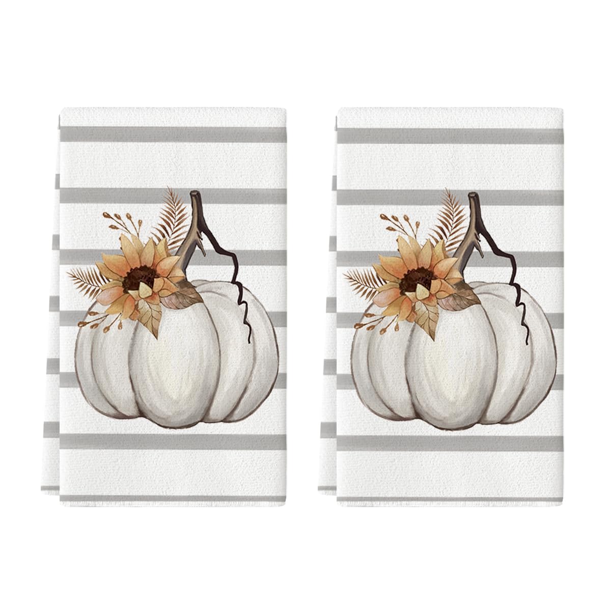 Artoid Mode Stripes Sunflower Pumpkin Fall Kitchen Towels Dish Towels, 18x26 Inch Seasonal Decoration Hand Towels Set of 2