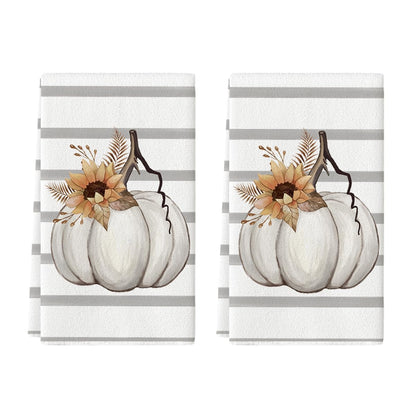 Artoid Mode Stripes Sunflower Pumpkin Fall Kitchen Towels Dish Towels, 18x26 Inch Seasonal Decoration Hand Towels Set of 2