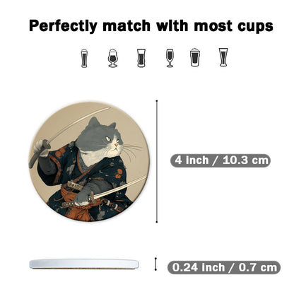 Dooke Coasters for Drinks, Round Absorbent Ceramic Stone Coasters Set of 6 with Cork Base, Funny Drink Coasters with Holder for Cold Drinks Wine Mugs and Cups Tabletop Protection,Japanese‌ Cat