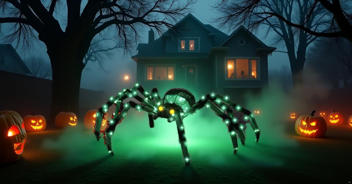 4.2Ft Giant Spider Halloween Decorations Outdoor 52" Light Up Spider with 90 LED Lights for Front Yard, Porch, Garden, Lawn, Halloween Party (Green)