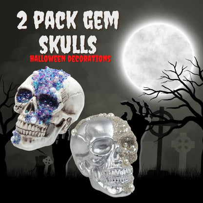 Halloween Pirate Treasure Skulls - 2 Pk, 8" Human Heads with Gem Studded Rhinestones - Indoor Home Decorations, Skeleton Prop Sculptures- Fall Party Decor for Haunted Houses Gothic Bone Table Statue