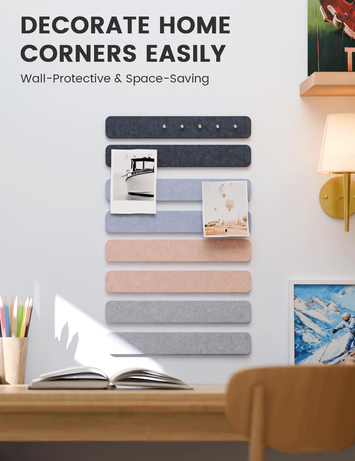 Fluxynara Cork Board Alternative Felt Strip Board 8-Pack 13"x2", Office Pin Board with 50 Push Pins, Adhesive Install for Bedroom Door & Home Office (Nordic Moonlight)