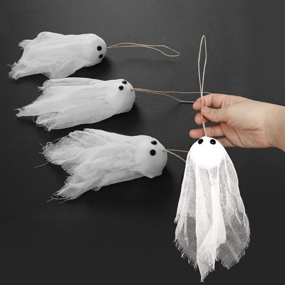Decor365 Small Hanging Ghosts with White Creep Cloth and Black Eyes Summerween Party Decorations Classroom Living Room Outdoor Halloween Decorations Spooky Scary Ghost To Hang from Trees (Pack Of 12)