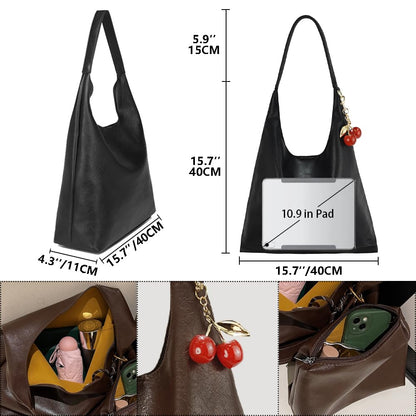 SongKedora Vegan Hobo Bag Cherry Leather Shoulder Purse Slouchy Designer Crossbody Bag for Women Retro Tote Handbag (Coffee)