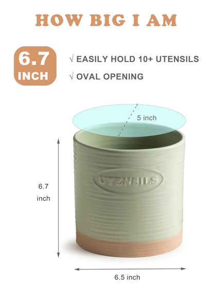 YHOSSEUN Kitchen Utensil Holder, Ceramic Utensil Holder for Kitchen Counter 6.7" Large Cooking Utensil Crock Farmhouse Utensil Organizer Storage, Oval Opening, Green
