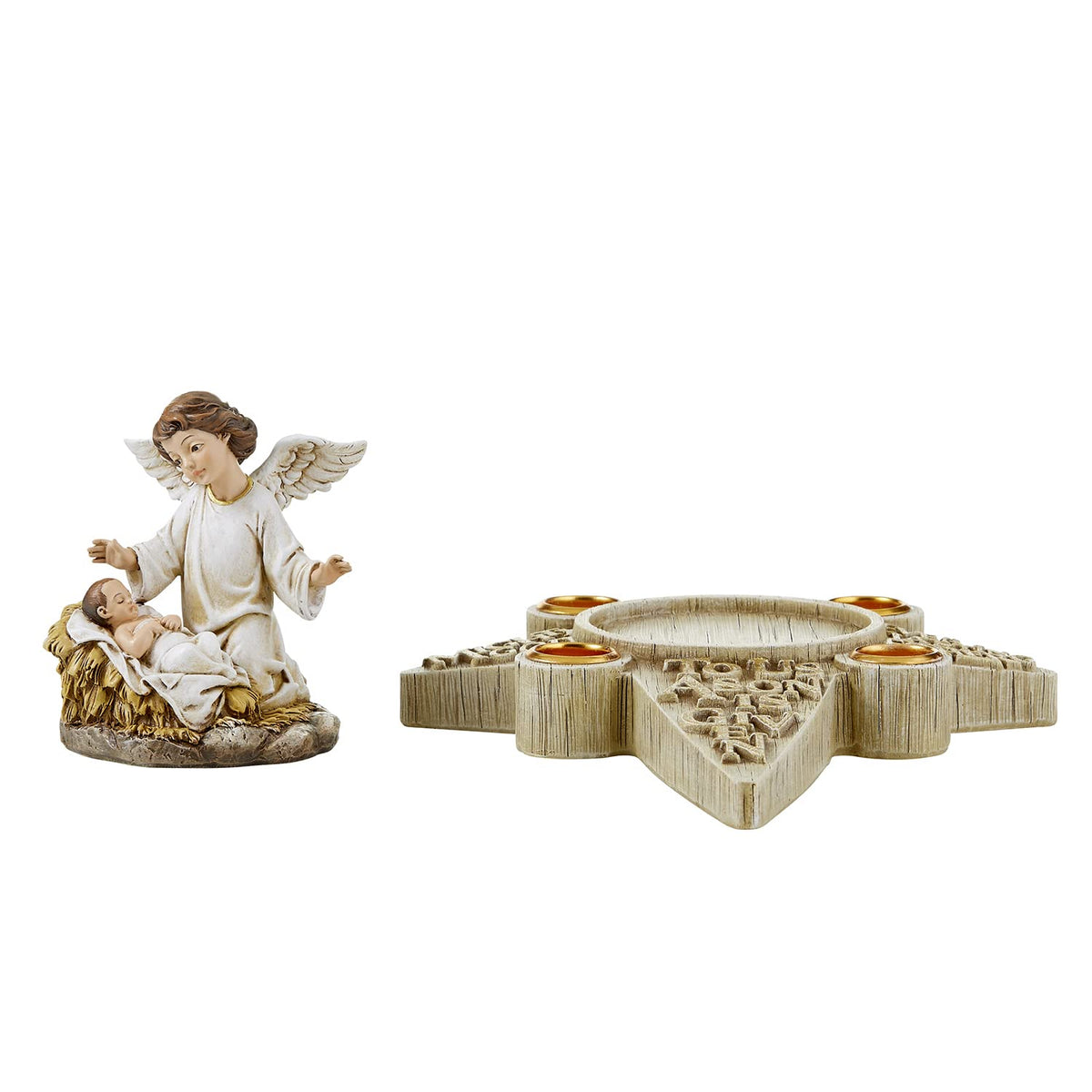Avalon Gallery Sculpted Resin Advent/Christmas Candle Holder, 7.25" x 9.75", Angel Nativity Wreath