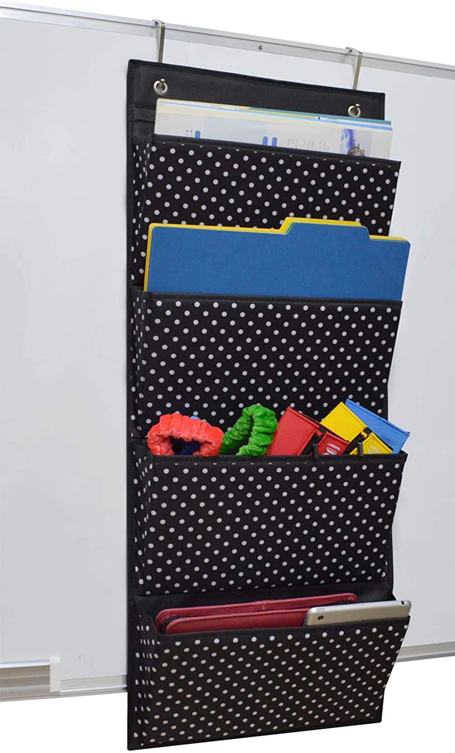 AUVCAS Hanging Wall File Organizer for Office - Over Door Wall Hanging Folder Holder & Classroom Pocket Document Organizer, Paper Mail Storage Rack with 4 Large Pockets,Black
