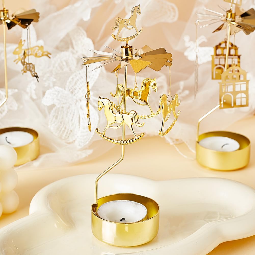 COMZPLIFE Carousel Spinning Tea Light Candle Holder, Gold Metal Rotary Candle Holder for Birthday, Wedding, Anniversary, Party, Table Decoration, Home Decor(2Pcs)