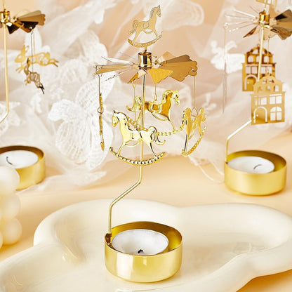 COMZPLIFE Carousel Spinning Tea Light Candle Holder, Gold Metal Rotary Candle Holder for Birthday, Wedding, Anniversary, Party, Table Decoration, Home Decor(2Pcs)