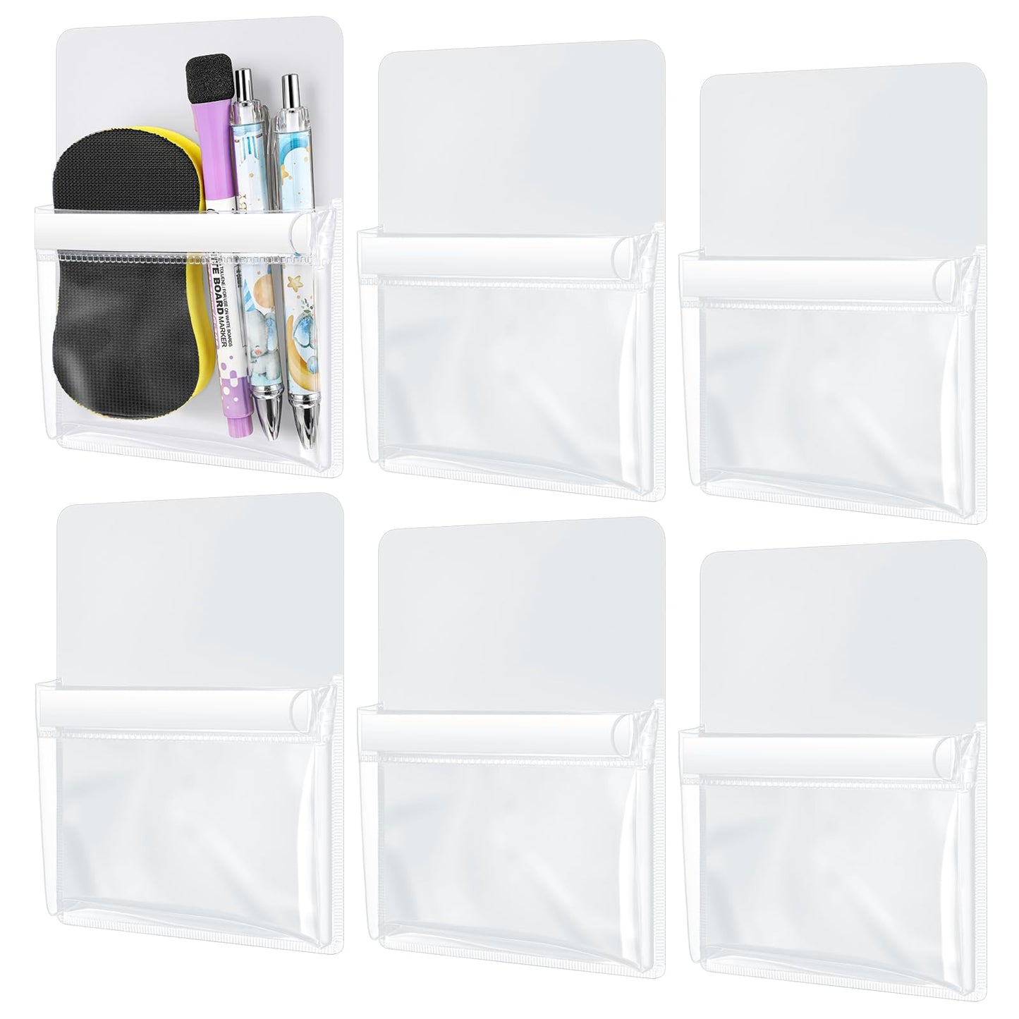 Sherr 6 Pcs 6 Pcs Magnetic Pockets Pen Marker Holders for Classroom Whiteboard 4.7 x 6.5 Magnetic Clear File for Fridge Locker Dry Erase Marker Storage Teacher Supplies (4.7 x 6.5 in,White)