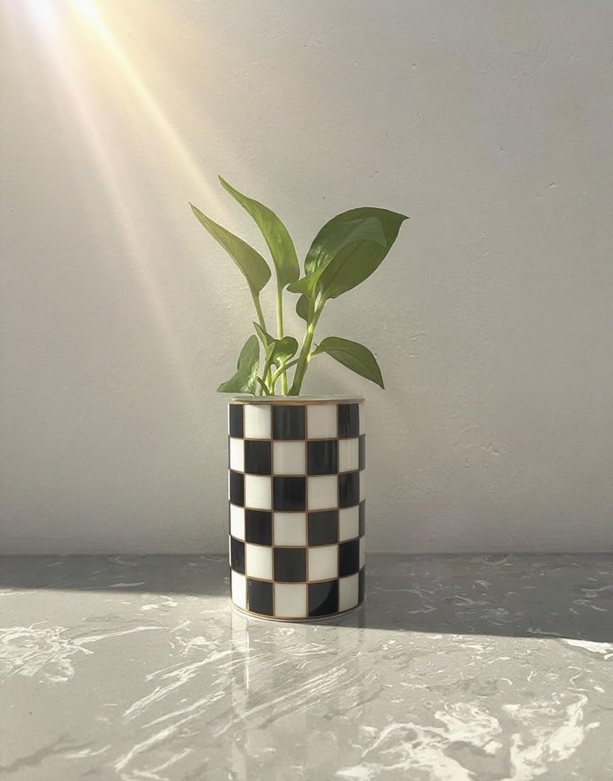 Porlien Ceramic Checker Plant Pots Indoor with Drainage, Set of 2
