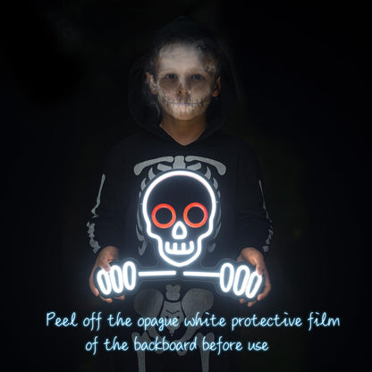 Skull & Skeleton Neon Sign, 16’’×12.6’’ Dimmable LED Wall Light, USB Powered Gothic Room Decor for Bedroom, Party, Bar, Game Room Halloween Christmas Gifts