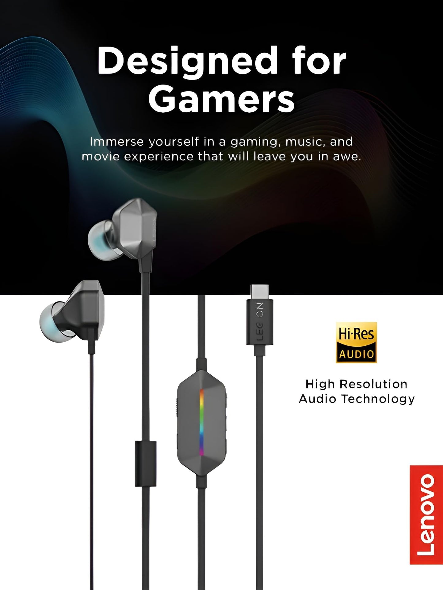 Lenovo Legion RGB Gaming in-Ear Headphones with USB-C E510-7.1 Surround Sound, Hi-Res Audio, in-Line Controller with RGB Lights - Compatible with PC, Tablet, Phone